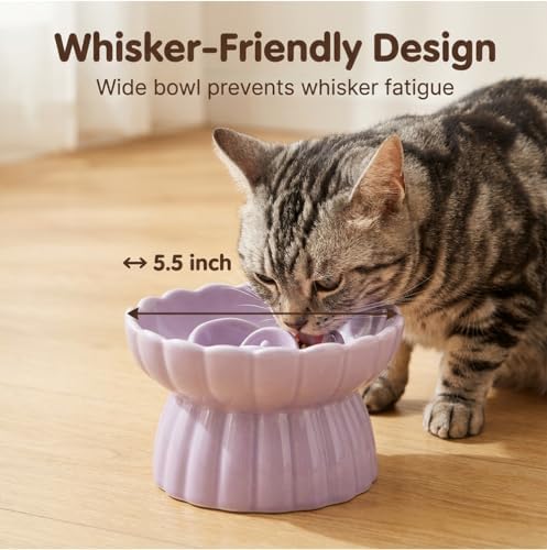 Ceramic Slow Feeder Cat Bowl, Elevated Cat Slow Feeder Bowl, Anti Vomiting for Dry and Wet Food, Purple - Image 6