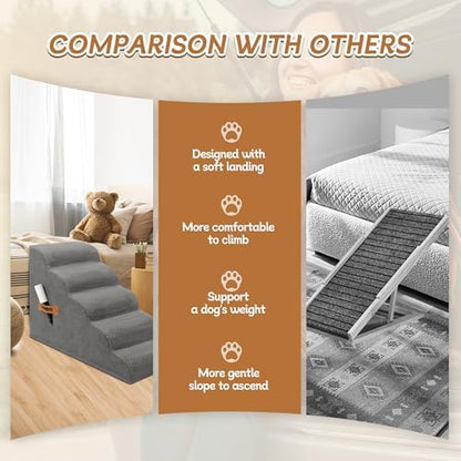 Romrol Dog Stairs Ramp for High Beds Couches, High Density Foam Pet Steps with Durable Non-Slip Waterproof Fabric Cover, Dog Stairs for Small Dogs or Cats or Pets, 5-Step, 22 Inch, Grey - Image 4
