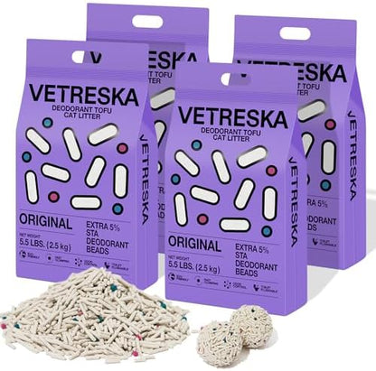 VETRESKA Tofu Cat Litter, Odor Control, Original 5.5lb×4bags by VETRESKA
