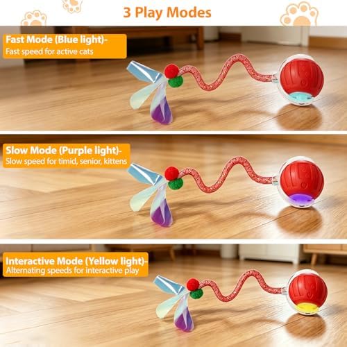 Interactive Cat Toys Ball for Indoor Cats, Automatic Self-Rolling, Motion-Activated, Bird Chirping Cats Dogs Ball Toy with Elastic Mesh Tail, Cat Enrichment Toys for Indoor Cats (Red) - Image 3