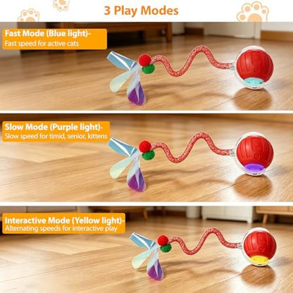Interactive Cat Toys Ball for Indoor Cats, Automatic Self-Rolling, Motion-Activated, Bird Chirping Cats Dogs Ball Toy with Elastic Mesh Tail, Cat Enrichment Toys for Indoor Cats (Red) - Image 3