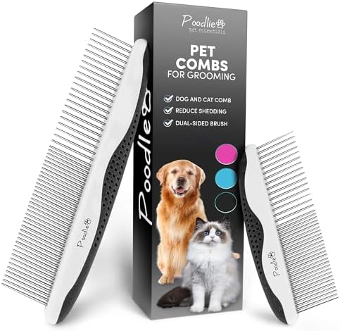 Poodle Pet Dog Combs for Grooming | 2 Pack | Stainless Steel Teeth Easily Remove Dirt | Proper Care Prevents Knots and Mats for Long and Short Haired Pets | Anti-Slip Comfort Grip Handle (Black) by Poodlie