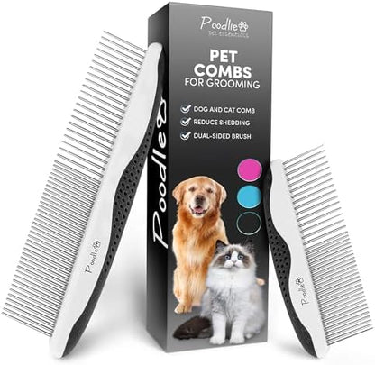 Poodle Pet Dog Combs for Grooming | 2 Pack | Stainless Steel Teeth Easily Remove Dirt | Proper Care Prevents Knots and Mats for Long and Short Haired Pets | Anti-Slip Comfort Grip Handle (Black) by Poodlie