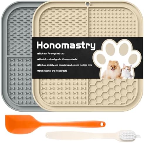 Lick Mat for Dogs, Premium Lick Pad with Suction Cups for Dog Anxiety Relief, Slow Feeder Dog Bowls, Bathing, Grooming and Training (Beige, Grey, 2pack) by Honomastry