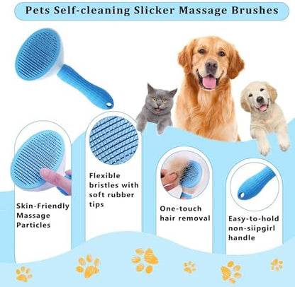 7PCS Dog Grooming Brush Kit for Shedding and Matted Fur, Self-Cleaning Slicker Brush with Undercoat Rake, Flea Comb for Long-Haired Pets, Blue - Image 2