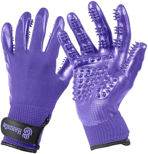 H HandsOn Pet Grooming Gloves - Patented #1 Ranked, Award Winning Shedding, Bathing, & Hair Remover Gloves - Gentle Brush for Cats, Dogs, and Horses (Mono Purple, Junior) by HandsOnPatentedOriginalGroomingBathingGloves