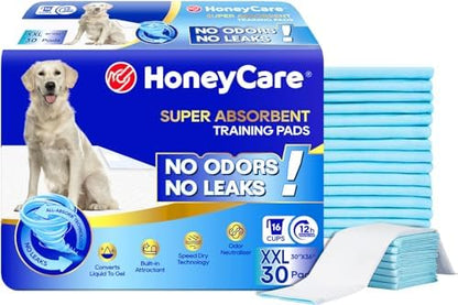 HONEY CARE All-Absorb, XXL 30"x36", 30 Count, Dog and Puppy Training Pads, Ultra Absorbent and Odor Eliminating, Leak-Proof 5-Layer Potty Training Pads with Quick-Dry Surface, Blue, A39 by HoneyCare