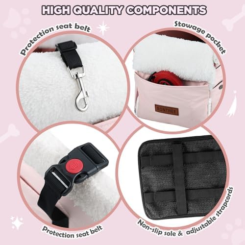 Center Console Dog Car Seat for Small Dogs,PU Leather Small Dog Car Booster Seat,Washable Foldable with Safe Protection Hooks Adjustable Straps and Storage Pocket Pet Up to 15lbs-Pink - Image 6