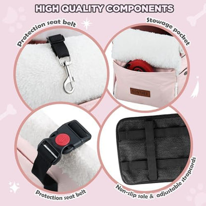 Center Console Dog Car Seat for Small Dogs,PU Leather Small Dog Car Booster Seat,Washable Foldable with Safe Protection Hooks Adjustable Straps and Storage Pocket Pet Up to 15lbs-Pink - Image 6