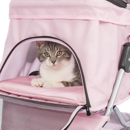Trixie Foldable Pet Stroller for Cats and Dogs, Pet Carrier Strolling Cart with Weather Cover, Storage Basket, Cup Holder, Pink - Image 3