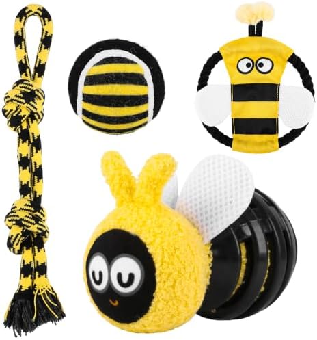 4 Pack Dog Squeaky Toys, Bee Interactive Toys Set, Natural Rope Tug Toy, Crinkle Flying Disc, Tennis Ball ，Puzzle Feeder, Safe Durable Dog Toys for Small Medium Dogs Indoor Outdoor Play by QonlineToys