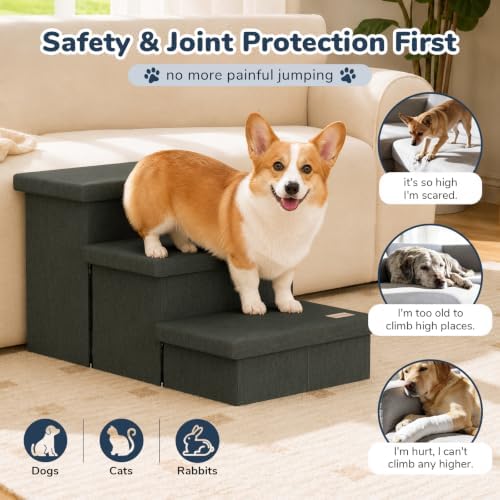 3-Step Wide Dog Stairs with Hidden Storage 18" H, Non-Slip Dog Steps for High Bed Couch Window Car, Jiont-Friendly Pet Stairs Ramp for Small/Medium/Large Old Dogs Cats Up to 200lbs, Grey Green - Image 4