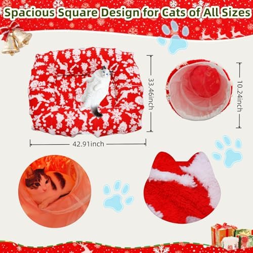 Extra Large Cat Tunnel Bed for Indoor Cats with Warm Mat,Cat Toys Cave Dount Tube for Xmas Decor Red - Image 5
