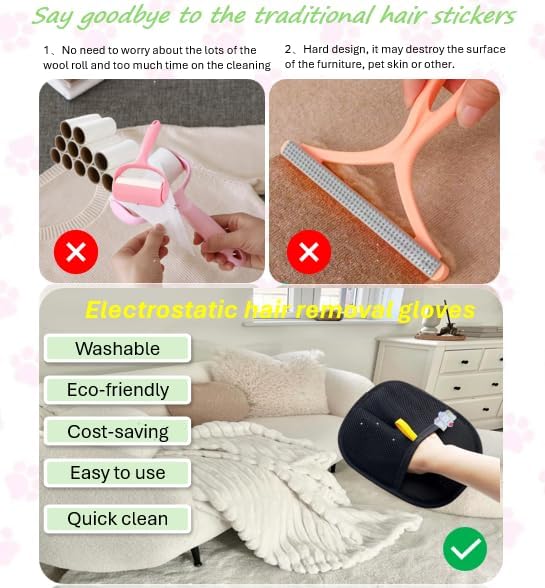 2Pcs Pet Hair Removal Glove for Dogs & Cats with Funny Pin, Reusable and Magic Brush Pet Hair Remover Gloves, Electrostatic Pet Hair Remover for Laundry, Couch, Carpet, Car Seat