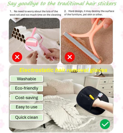 2Pcs Pet Hair Removal Glove for Dogs & Cats with Funny Pin, Reusable and Magic Brush Pet Hair Remover Gloves, Electrostatic Pet Hair Remover for Laundry, Couch, Carpet, Car Seat