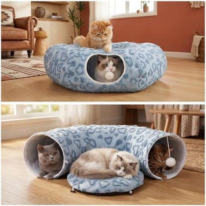 Cat Tunnel Bed, Cute Cat Tunnel Toy with Washable Cushion, Fits Indoor Cats up to 25 lbs, Cute Peekaboo Cave Pet Bed for Kittens, Rabbits, Blue Heart - Image 6