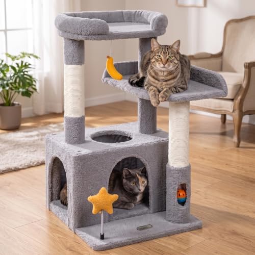 30" Cat Tower for Kittens, Compact Light Gray Cat Tree Indoor by Purrlato