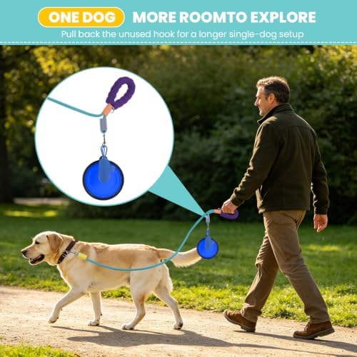 Double Dog Leash, Hands Free Dog Leash Set w/Sponge Handle, Adjustable 4.9-9.8ft for Walking Jogging Running Training, Multifunctional Handheld Crossbody Waist for Small Medium Dogs - Image 5