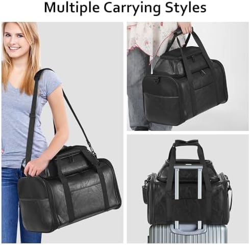 Premium Leather Top Expandable Pet Carrier for Small Dogs & Cats Under 15 lbs, Airline Approved Collapsible Soft-Sided Luxury Travel Bag Black - Image 5