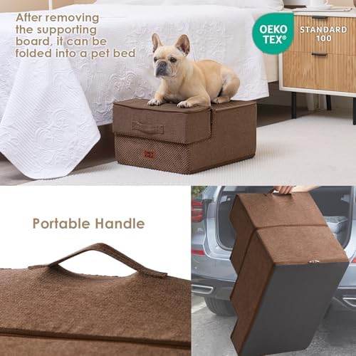 EHEYCIGA Dog Stairs 13.5" H, 3-Step Extra Wide Dog Steps, Brown - Image 5