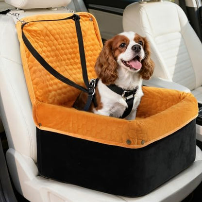 Dog Car Seat for Small Medium Dogs, Travel Pet Car Bed with Removable Waterproof Cover, Memory Foam Dog Booster Seats Up to 35 lbs, Safety Belt and Storage Pocket(Brown) by Unknown
