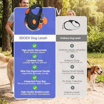 Retractable Dog Leash 16FT for Small & Medium Dogs, Sturdy Heavy-Duty Nylon Tape with Secure Locking Carabiner & Poop Bag Holder, Smooth One-Hand Control, Anti-Slip Handle, Tangle-Free Design (Black) - Image 3