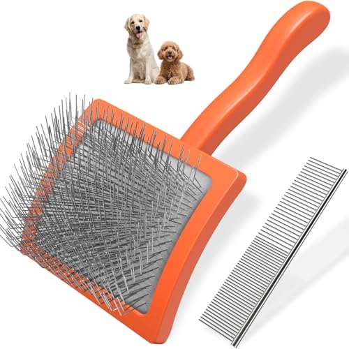 2PCS Slicker Brush for Dogs & Pet Comb,Professional Dog Grooming Brush (Goldendoodles,Poodles,Labradoodles) with Extra Long Pins to Effectively Remove Tangles, Knots and Mats (Orange, Large) by Unknown