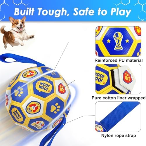 Vivifying Dog Toys Balls, Interactive World Cup Soccer Ball for Small Medium Dogs, Durable PU Enrichment Training Toy with Straps for Indoor and Outdoor Tug-of-War & Playing (6 Inches) - Image 3