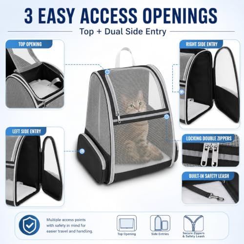 Cat Carrier Backpack for Cats and Small Dogs up to 15 lbs, Soft-Sided Foldable Pet Carrier with Breathable Mesh, Front Upper&Dual Side Entry, Support Frame, Hard Bottom for Vet Visits and Air Travel - Image 4