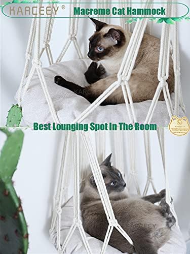 KARCEEY Macrame Cat Hammock Hanging Bed - Boho Wall Swing with Catnip Cushion for Wall Climber & Window Perch - Hardware Kit Included - Image 6