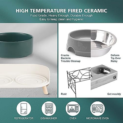 Raised Cat Food and Water Bowl Set - Elevated Ceramic Dishes with Non-Slip Stand and Splash Guard for Small Dogs - 2 x 320 ML (4.9 OZ) - Green - Image 6