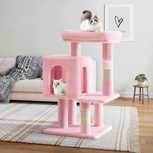 Allewie 29 Inches Cat Tree Tower/Plush Perches Platform/Condo/House/Sisal Scratching Posts/Multi-Level Activity Center Furniture for Kittens/Pink - Image 2