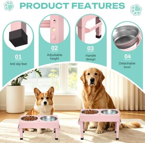 Elevated Dog Bowls Stand Large Breed, Height Adjustable Raised Dog Bowls Holder with 2 Stainless Steel Food Bowls for Small, Medium and Large Canine，Pink - Image 7