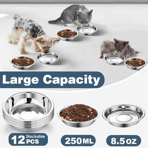12 PCS Thickened Stainless Steel Cat Bowls, 5.5 Inch Shallow Wide Flat Metal Kitten Food Bowls, Whisker Friendly Fatigue Relief Replacement Basic Pet Dishes for Indoor Cats - Image 2