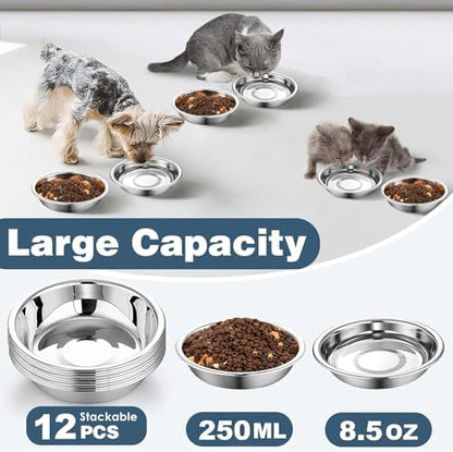12 PCS Thickened Stainless Steel Cat Bowls, 5.5 Inch Shallow Wide Flat Metal Kitten Food Bowls, Whisker Friendly Fatigue Relief Replacement Basic Pet Dishes for Indoor Cats - Image 2