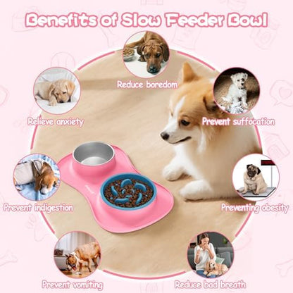 MateeyLife Dog Food and Water Bowl Set 3 in 1, Slow Feeder Dog Bowls & Stainless Steel Water Bowl with Non-Spill Silicone Mat, Cat and Puppy Bowls Pet Dishes for Small Medium Large Breed Anti-Choking - Image 3
