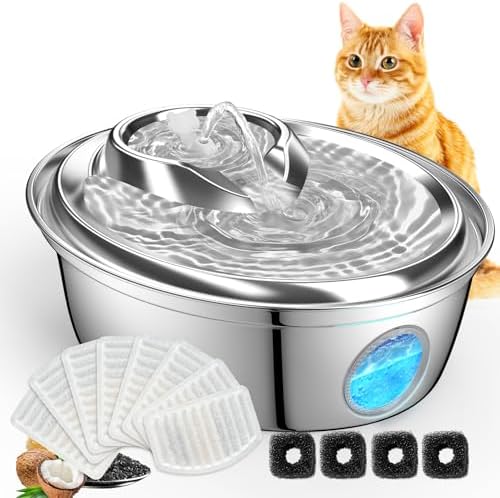 ORSDA Cat Water Fountain Stainless Steel 67oz/2L, Automatic Pet Drinking Fountain with Water Level Window, Dog Water Bowl for Cats and Small Dogs- 8 Filters +4 Pump Sponges (D36) by ORSDA