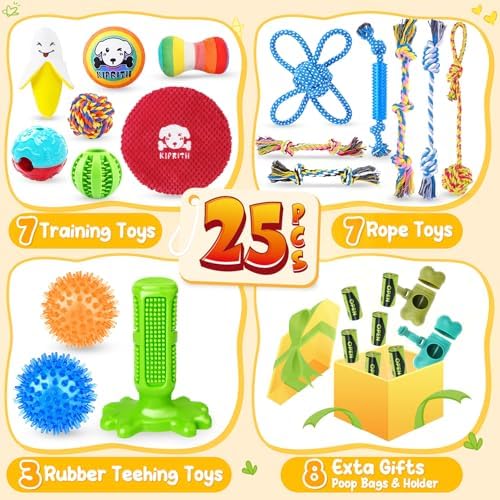 KIPRITII 25 Pack Dog Toys Set – Ideal for Teething, Entertainment & Interactive Play, Includes Puppy Toys, Rope Toys, Treat Balls and Squeaky Dog Toys - Image 2