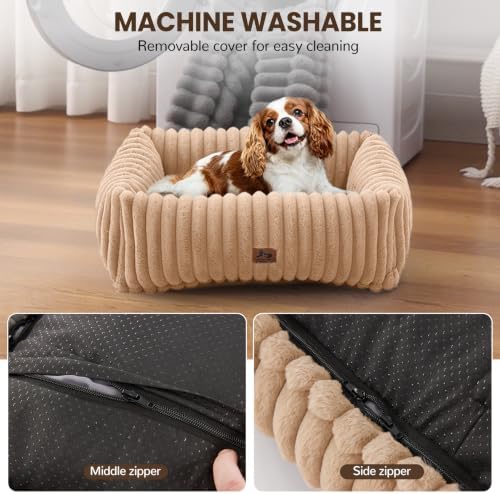 Washable Dog Bed Small Medium Size Dog, Rectangle Orthopedic Pet Bed for Car and Indoor,Fluffy Memory Foam Dog Beds with Anti-Slip Bottom,Camel (25x21x7 inches) - Image 5
