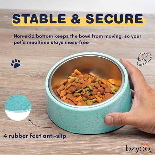 bzyoo 16oz Tilted Dog Bowl for Small Dogs & Cats, 15° Elevated Stainless Steel Pet Feeder, Ergonomic Anti-Vomiting Food Bowl for Frenchie, Pug, Persian Cat, Non-Skid Melamine Stand, Sprinkle (Green) - Image 5
