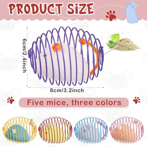 Jecery 5 Pcs Cat Toys Spring,Catnip Rats,Soft Color - Image 2