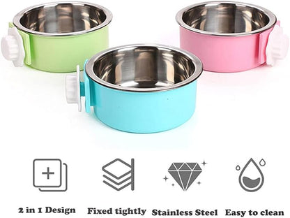 Love Dream Crate Dog Cat Bowls, Removable Stainless Steel Hanging Pet Cage Bowls Kennel, Food Water Feeder with Bolt for Puppy Rabbits Birds 2 Pack with Silicone Sponge Dish Brush