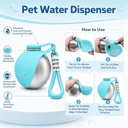 2 in 1 Portable Dog Water Bottle, 2026 New 10oz Spherical Stainless Steel Pet Bottle with Silicone Foldable Bowl,No-Spill Leak-Proof Design,Dog Water Bottle for Walking,Hiking & Travel & Camping-Blue - Image 2