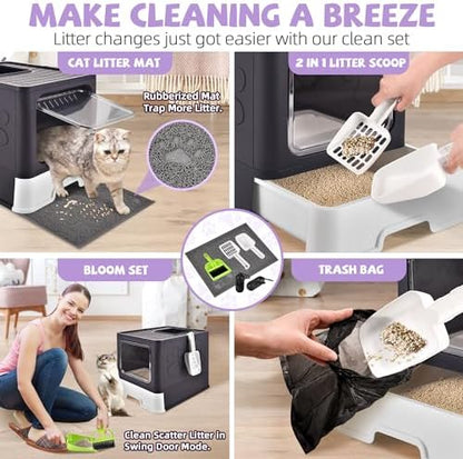 Covered Cat Litter Box, Extra Large Drawer Design with Dual Entry, Purple - Image 6