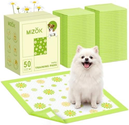 MIZOK Puppy Pads with Adhesive Tabs Green Daisy Prints Small 22x22in 50Ct by MIZOK