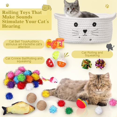 Zopeal 58 Pcs Cat Toy Set with Storage Basket Indoor, White, 9.8 Inch - Image 3
