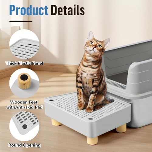 Extra Large Cat Litter Box Step Ramp, Cat's Litter Catcher Mat with Wooden Feet, Filter Function, Pedal Stool for Self-Cleaning Cat Litter Box, Ideal for Kitten & Elderly Cats (Light Grey) - Image 4