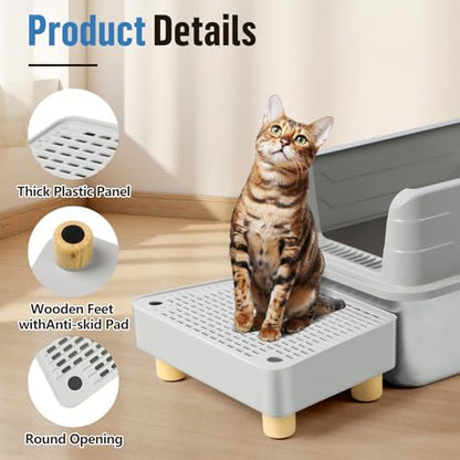 Extra Large Cat Litter Box Step Ramp, Cat's Litter Catcher Mat with Wooden Feet, Filter Function, Pedal Stool for Self-Cleaning Cat Litter Box, Ideal for Kitten & Elderly Cats (Light Grey) - Image 4