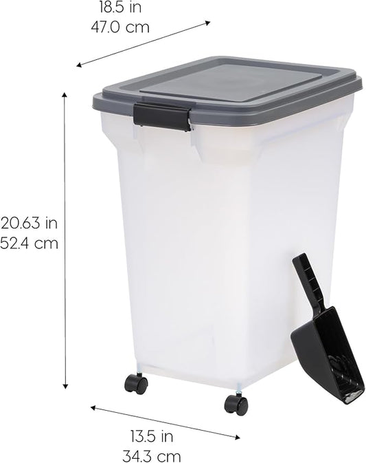 IRIS USA Dog Food Storage Container 40 lbs, Attachable Wheels, & Included Scoop, for Dog Cat Birds and other Pets, Food Storage Bin, Keep Fresh, Easy Mobility, BPA Free - Made in the USA, Dark Gray