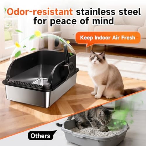 Extra Large Stainless Steel Litter Box with Lid, XL Odor Free Metal Litter Box with High Sides for Big Cats, Open Top Easy Cleaning Kitty Box Anti-Urine Leakage, Non-Sticky, Include Scoop, Black - Image 3